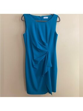 NWOT Calvin Klein Teal Sleeveless Dress w/Ruched Waist and Zipper Back